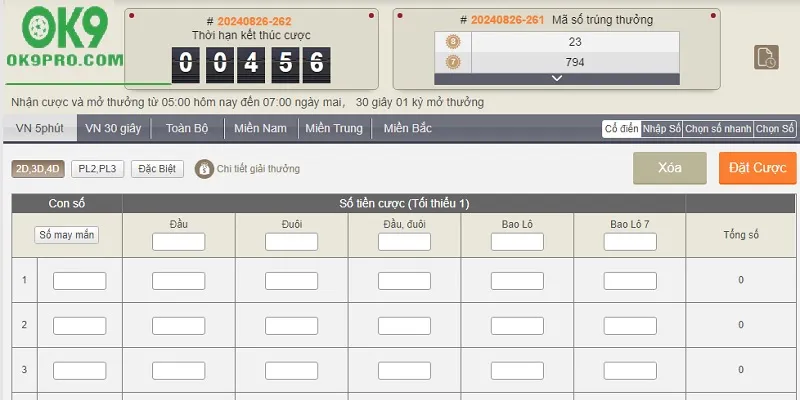 Xổ số siêu tốc OK9 đa dạng hình thức đặt cược