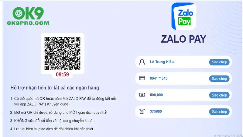 Nạp tiền OK9 qua ZaloPay