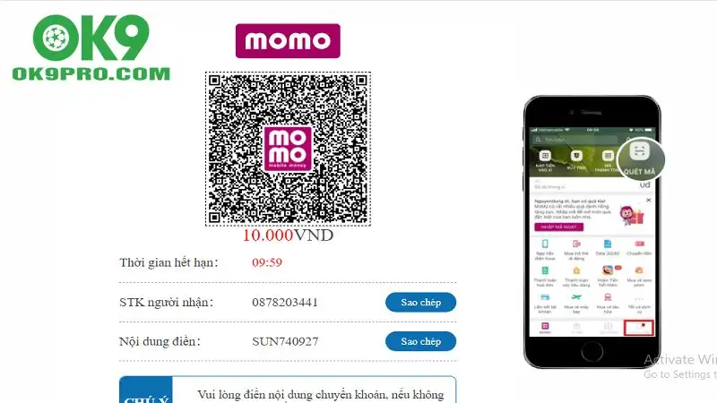 Nạp tiền OK9 bằng Momo