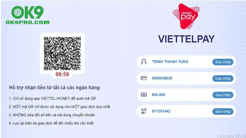 Nạp tiền OK9 bằng ViettelPay